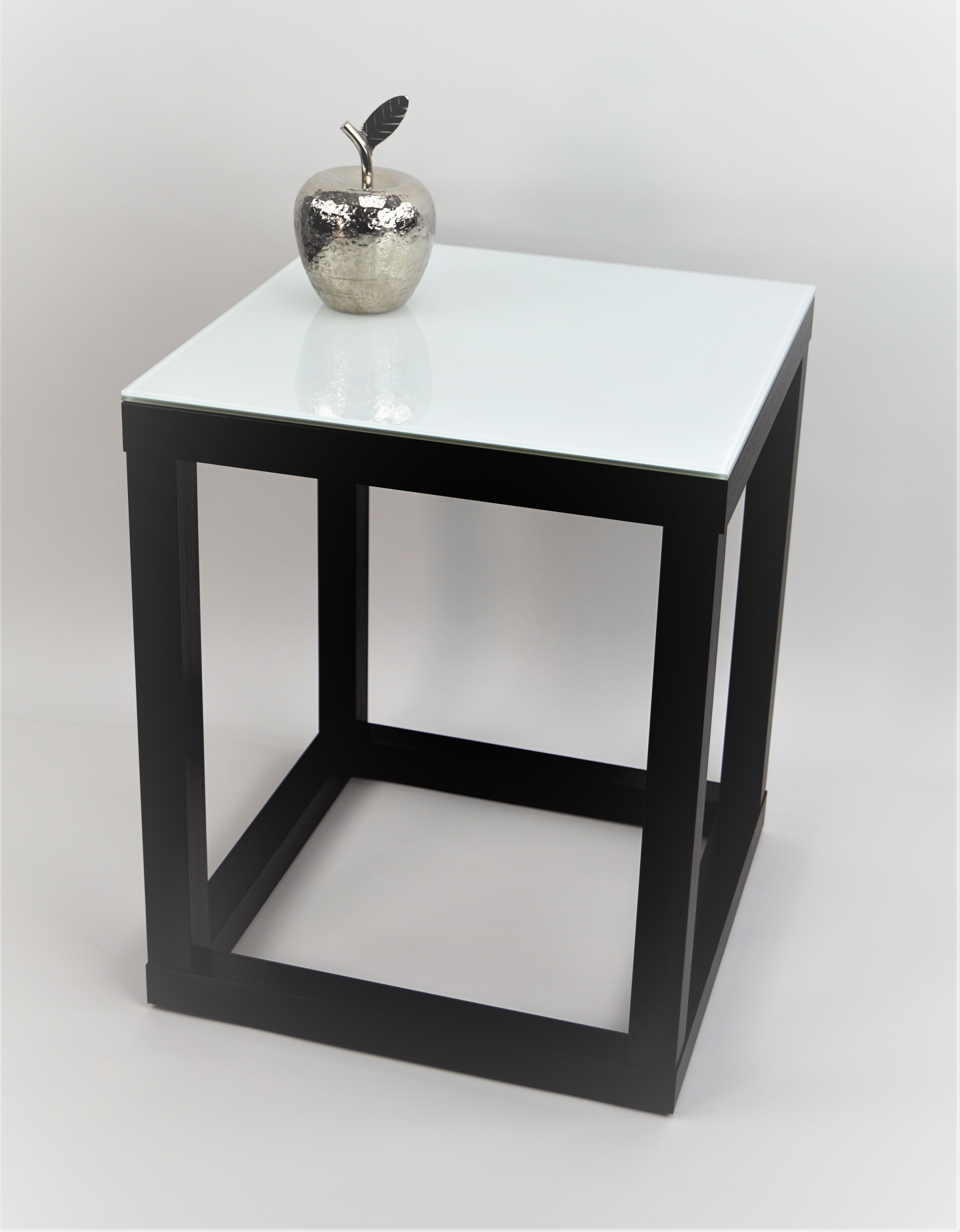 Blumensäule, Dekosäule, "Cube", Gestell Schwarz Holzstruktur, Glas in weiß, 20 x 20 x 30cm