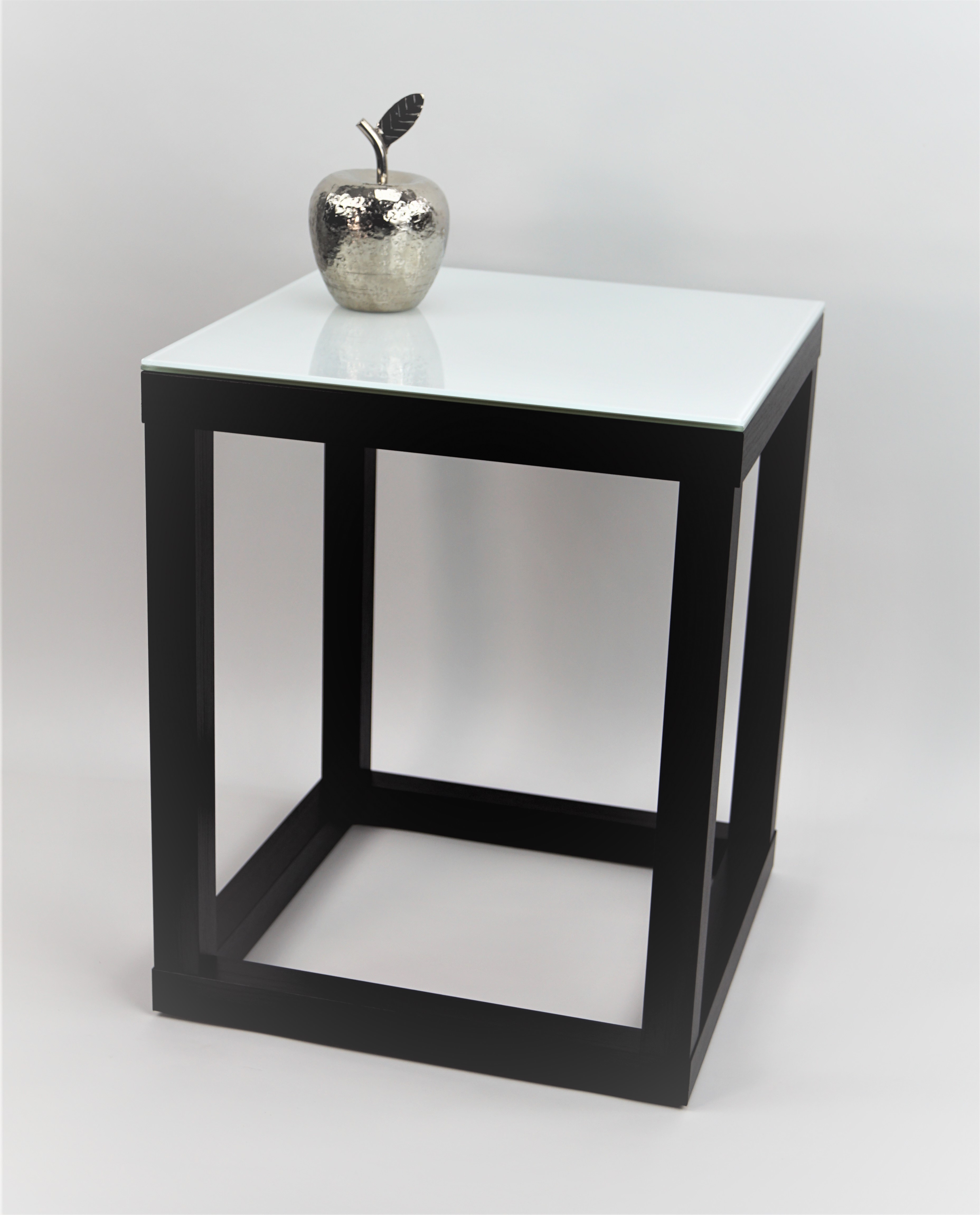 Blumensäule, Dekosäule, "Cube", Gestell Schwarz Holzstruktur, Glas in weiß, 20 x 20 x 30cm